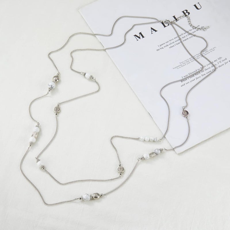 BULINLIN Layered Silver Long Necklace for Women Turquoise Stone Beaded Strand Sweater Chain Necklaces Fashion Costume Jewelry Gifts for Mom - Image 3